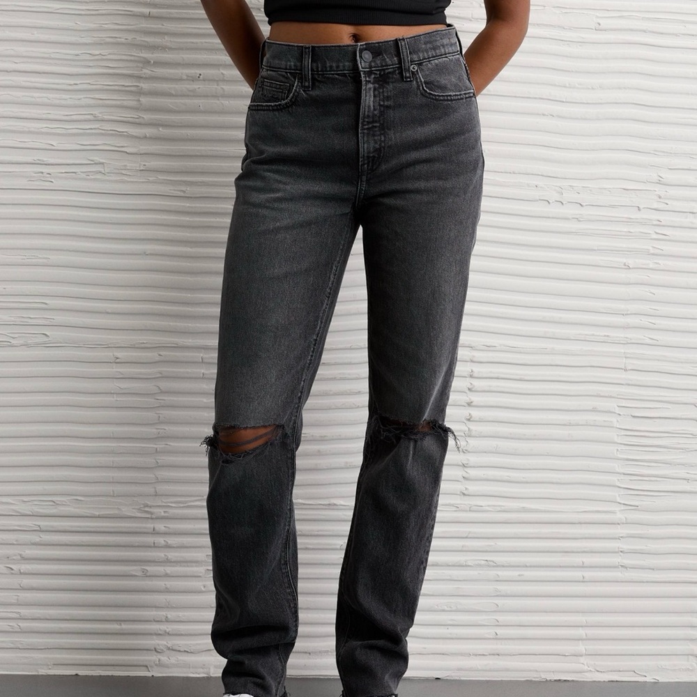 AE super high rise straight ankle jeans - black distressed